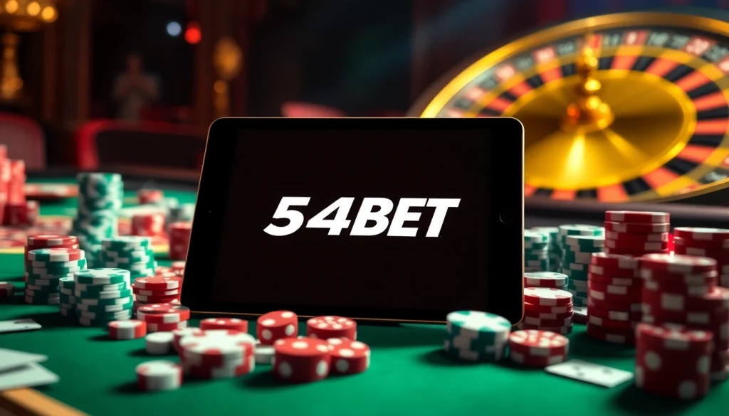 Experience the thrill of the 54BET App with an engaging online gambling scene featuring casino elements.