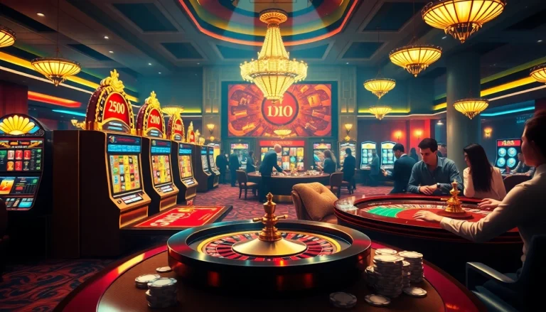 Win big at https://mm88.forex/ with an engaging online casino scene filled with vibrant tables and slot machines.