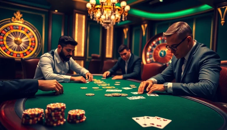 Engage with thrilling gameplay at Ok99's luxurious casino featuring intense poker action.