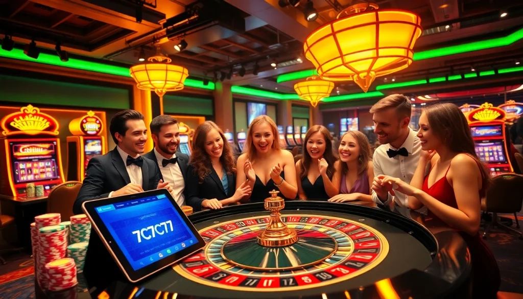 Experience the excitement of 7C77 one with players gathered around a roulette table.