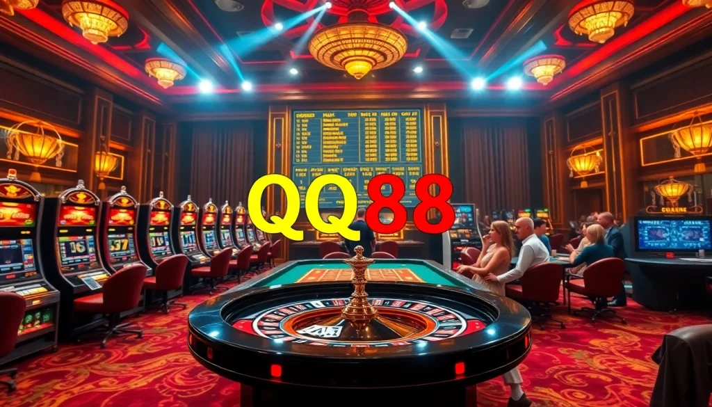 Exciting gambling action at QQ88 casino with players at roulette and vibrant slot machines.