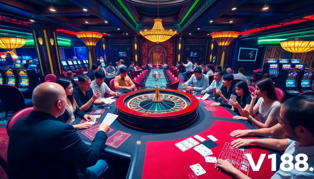 Engaging gamblers enjoying the excitement of VN168 casino games at a lively roulette table.