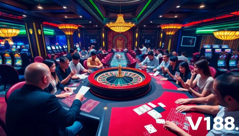 Engaging gamblers enjoying the excitement of VN168 casino games at a lively roulette table.