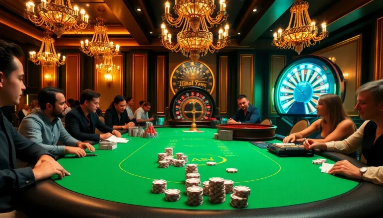 Khela88 casino table with players betting poker chips in an upscale gambling atmosphere.