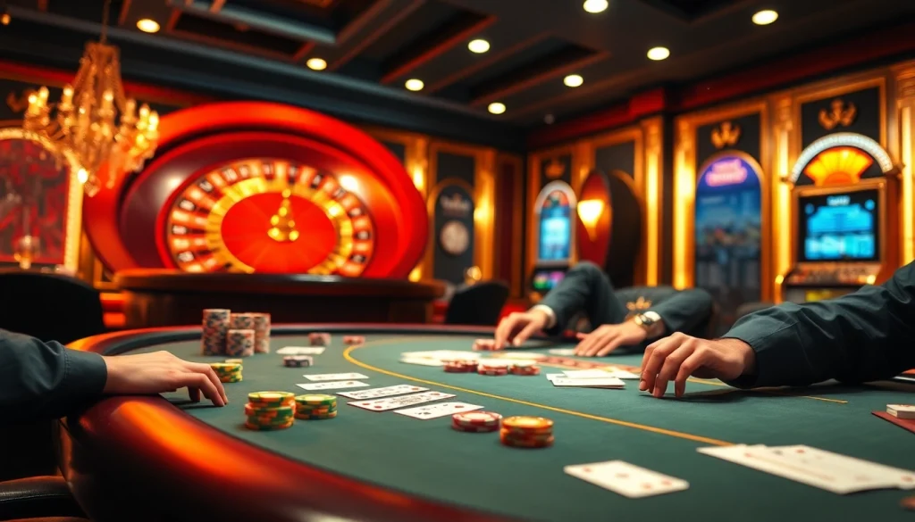 Capture thrilling poker action at https://nh88vn.net/ with players engaged at a vibrant casino table filled with chips and cards.