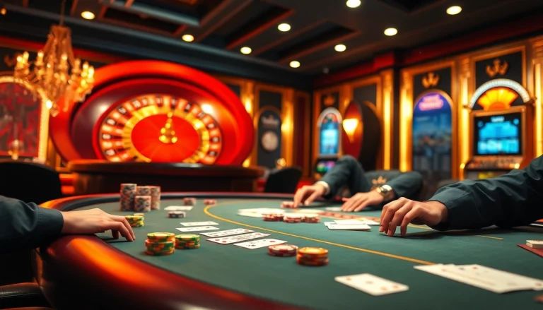 Capture thrilling poker action at https://nh88vn.net/ with players engaged at a vibrant casino table filled with chips and cards.
