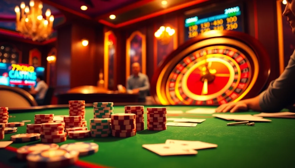 A dynamic gambling scene featuring 79king2 com, showcasing poker chips and a roulette wheel.
