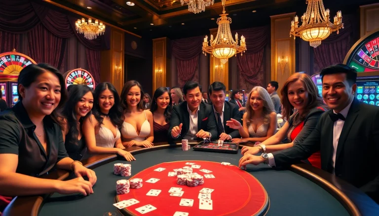 Experience the thrill of gaming as AF88 players gather around a luxurious poker table in a vibrant casino.