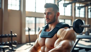 Muscular athlete wearing a shoulder brace for weightlifting while lifting weights in a gym.