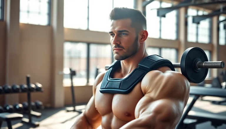 Muscular athlete wearing a shoulder brace for weightlifting while lifting weights in a gym.