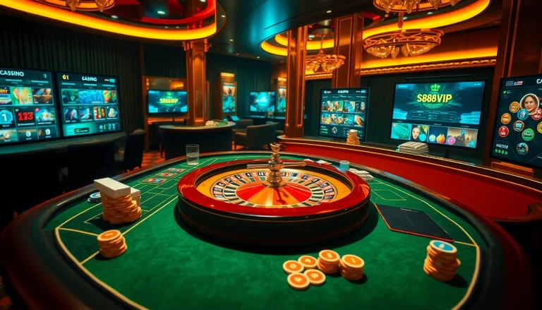 S88VIP Casino scene showcasing excitement with roulette and cards on a luxurious table.