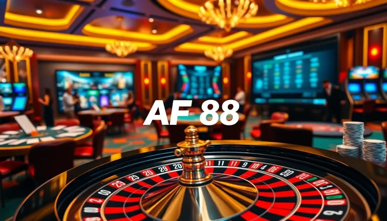 AF88 casino scene showcasing poker chips and a roulette wheel immersing players in excitement.