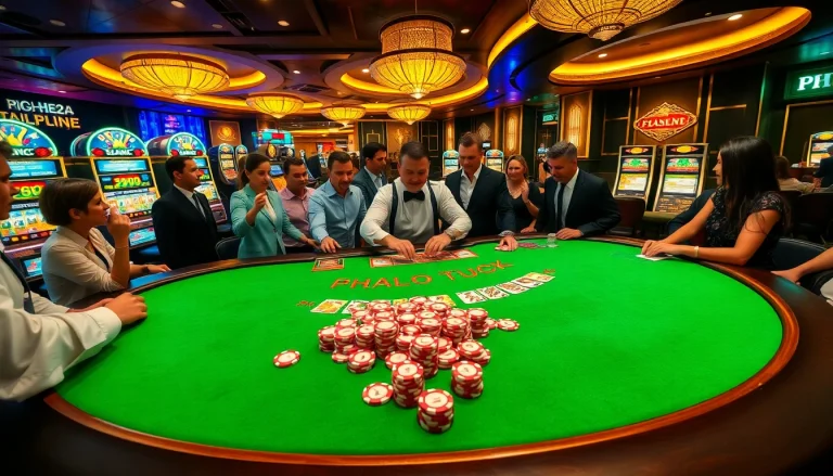 Players enjoying the thrill of gambling at a luxurious casino table featuring PH222 games.
