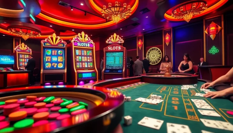 SLOTS8 slot machine in a luxurious casino filled with vibrant gaming tables and chips.