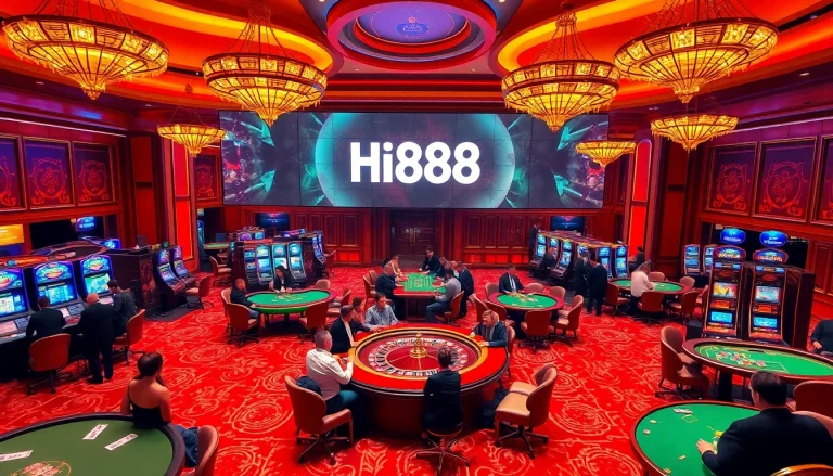 Players experiencing the thrill of gambling at Hi888 casino tables, with vibrant colors and luxurious ambiance.