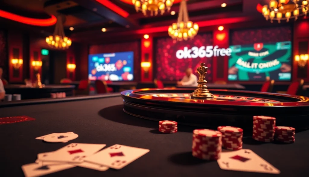Engage with thrilling action at ok365.free, highlighting vibrant casino tables with poker chips and roulette wheels.