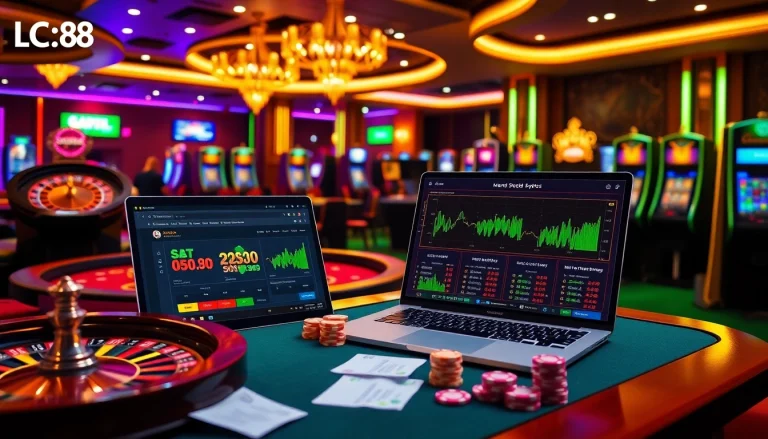 Experience exciting online gambling at LC88, featuring poker tables and vibrant casino elements.