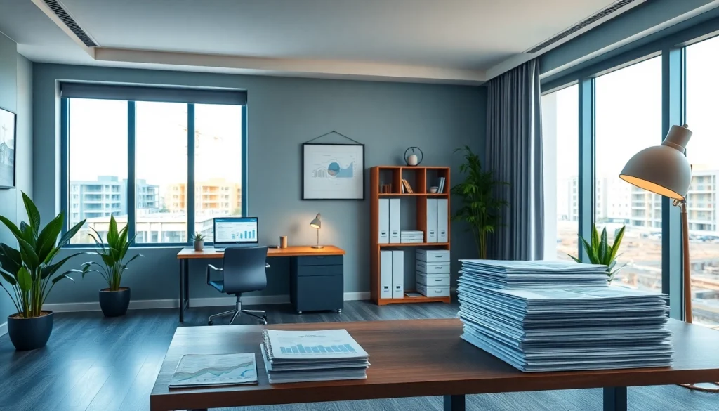 Konfiguracja biura rachunkowego dla firmy budowlanej ilustruje nowoczesne środowisko biurowe z technologią i dokumentami budowlanymi.