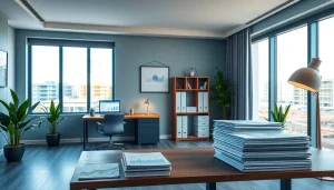 Konfiguracja biura rachunkowego dla firmy budowlanej ilustruje nowoczesne środowisko biurowe z technologią i dokumentami budowlanymi.