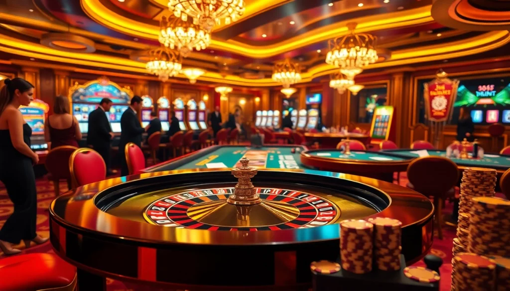 Experience the thrill of win55 with players engaging at a luxurious roulette table, surrounded by vibrant casino elements.