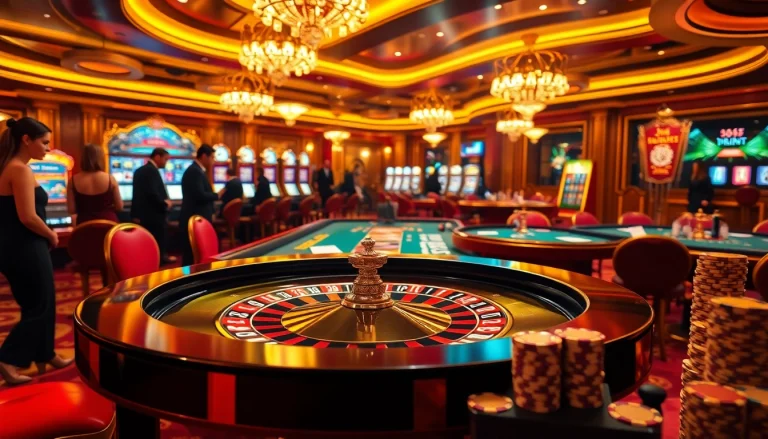 Experience the thrill of win55 with players engaging at a luxurious roulette table, surrounded by vibrant casino elements.