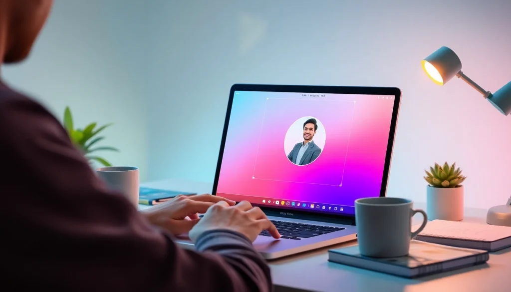 Profile photo maker in action, showcasing a vibrant circular profile picture transformation process on a laptop screen.