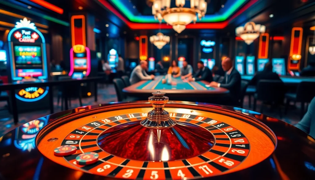 F168 excitement in a luxurious casino environment featuring roulette, poker, and slot games.