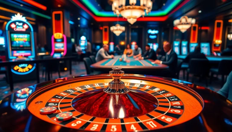 F168 excitement in a luxurious casino environment featuring roulette, poker, and slot games.