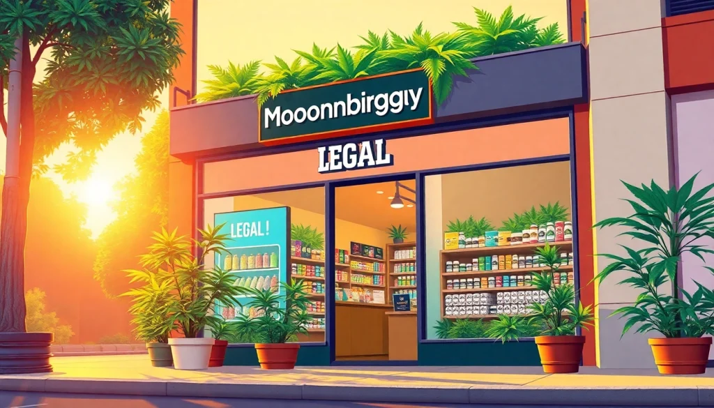 Explore the vibrant storefront of moonbarguy legal cannabis with lush greenery and welcoming design.