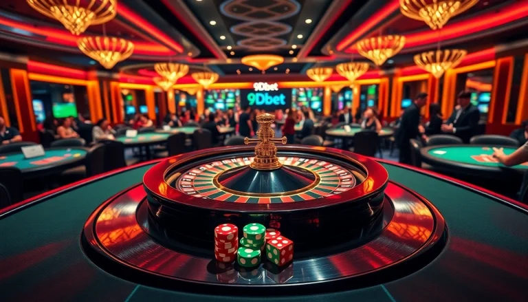 Experience high-stakes gambling at 9Dbet with poker chips, roulette wheels, and immersive casino tables.