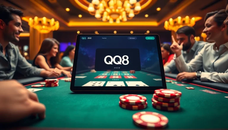 Players enjoying a thrilling qq 88 poker game at a luxury casino table with vibrant chips and cards.