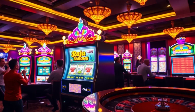 Play raja barong slot with excitement in a luxurious casino setting filled with illuminated machines.
