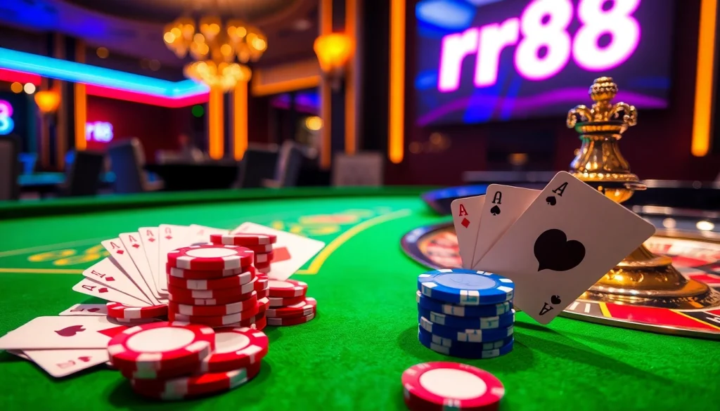 Engaging roulette experience at rr88 with vibrant poker chips and playing cards.