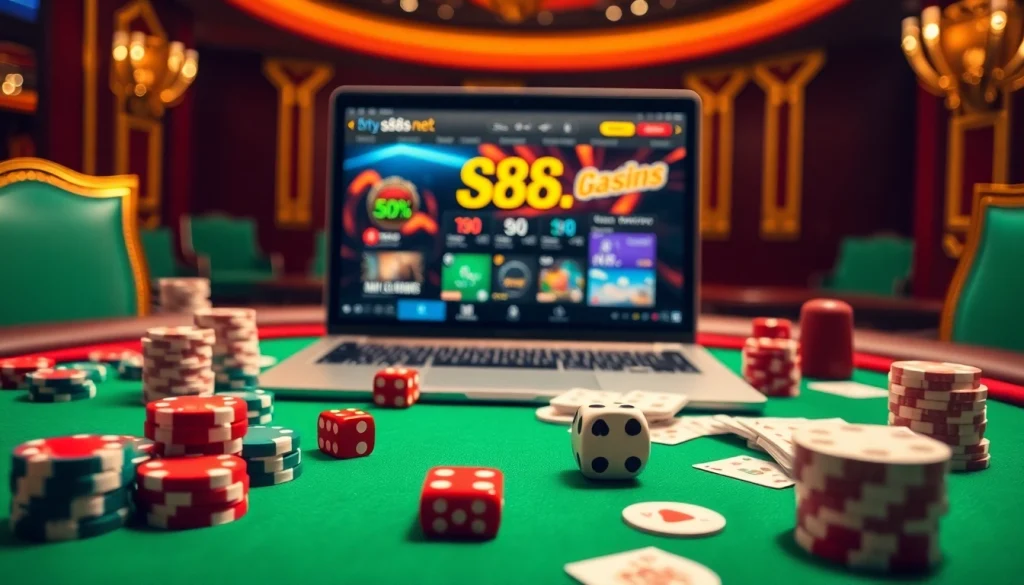 Experience high-stakes gaming at https://s88s.net/ with poker chips and online betting excitement.