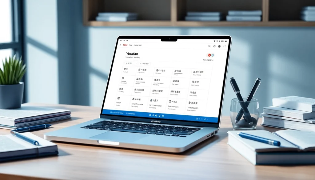 Youdaofanyi translation technology workspace with sleek laptop and language tools
