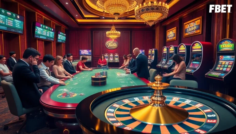 Experience thrilling online gambling action with F8BET in an opulent casino scene featuring live betting tables and vibrant slot machines.