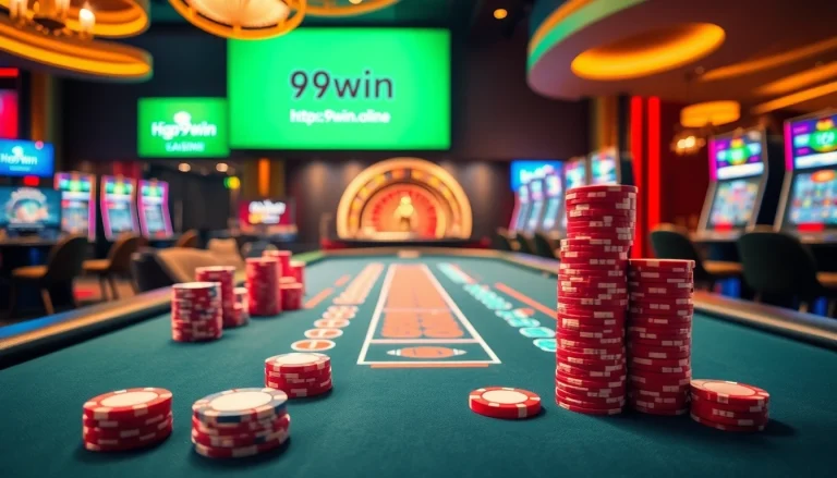Experience the thrill of the casino at https://9win1.online/ with vibrant tables, chips, and a roulette wheel.