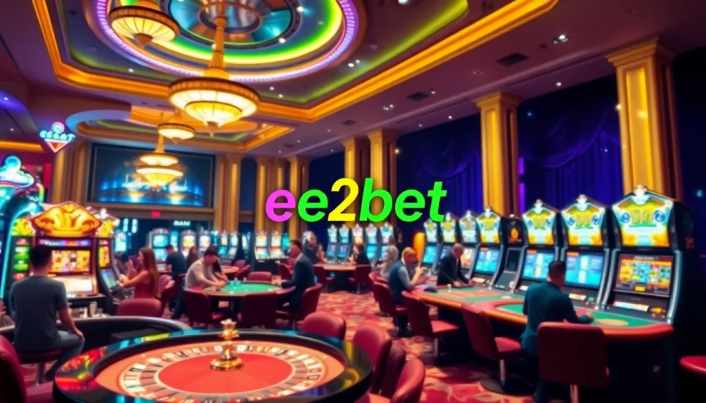 Exciting e2bet online casino scene with vibrant gaming tables and slot machines.