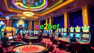 Exciting e2bet online casino scene with vibrant gaming tables and slot machines.