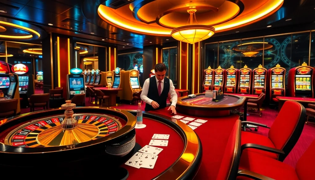 Experience winnings at dom88.us.com with an engaging casino scene featuring roulette and poker tables.
