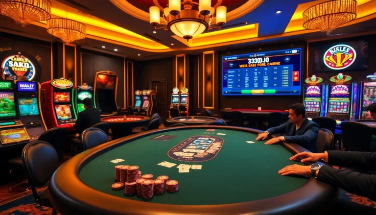 A lively casino scene with a stylish poker table and vibrant gaming options at https://33bd.io/ showcasing a luxurious gambling atmosphere.