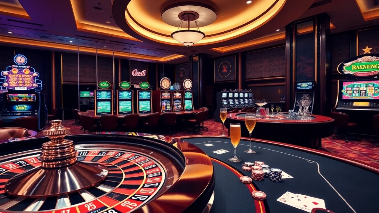 A lively casino scene at https://www.bdjl.win/, showcasing exciting roulette and poker tables.