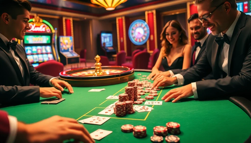 Players enjoying a thrilling game at 388bet casino, featuring vibrant poker chips and a spinning roulette wheel.