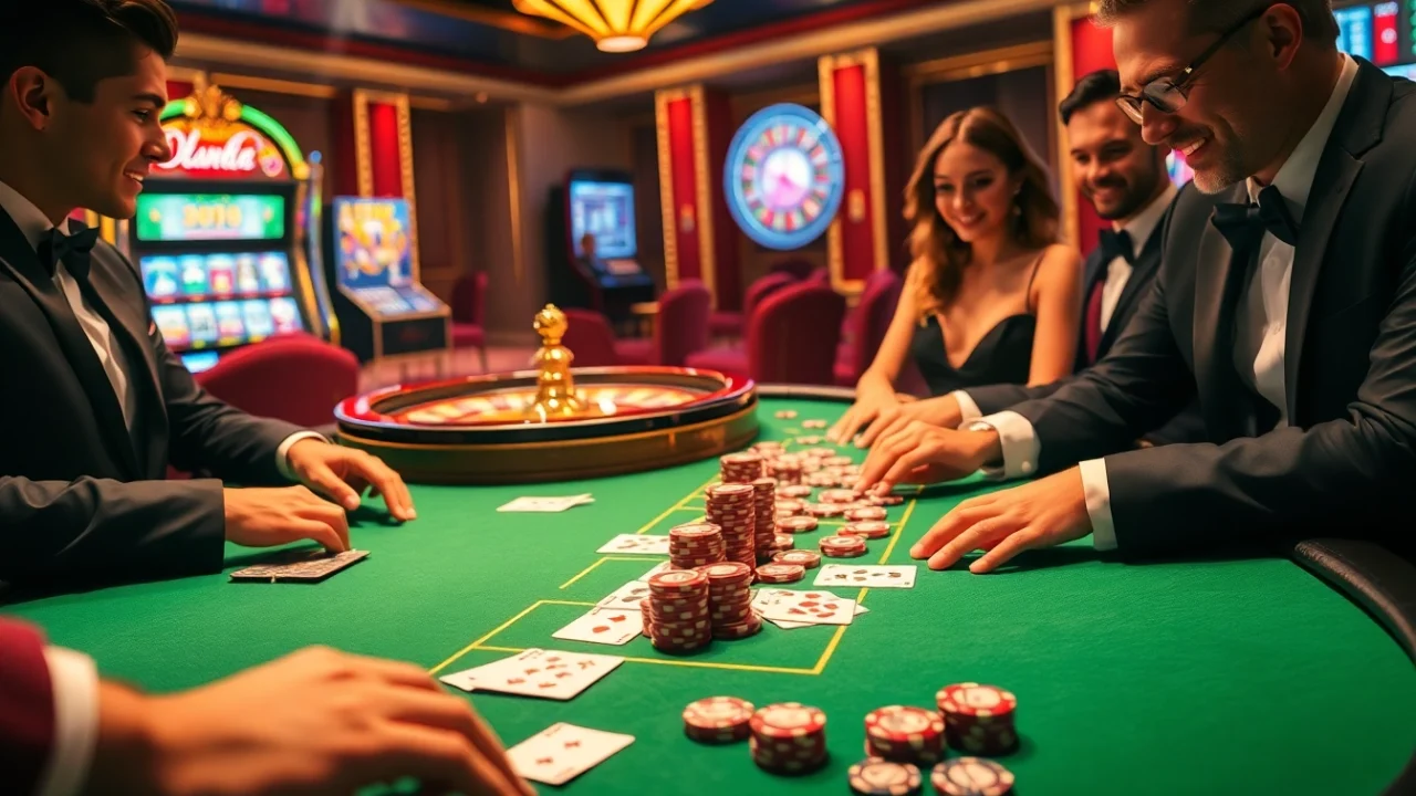 Players enjoying a thrilling game at 388bet casino, featuring vibrant poker chips and a spinning roulette wheel.