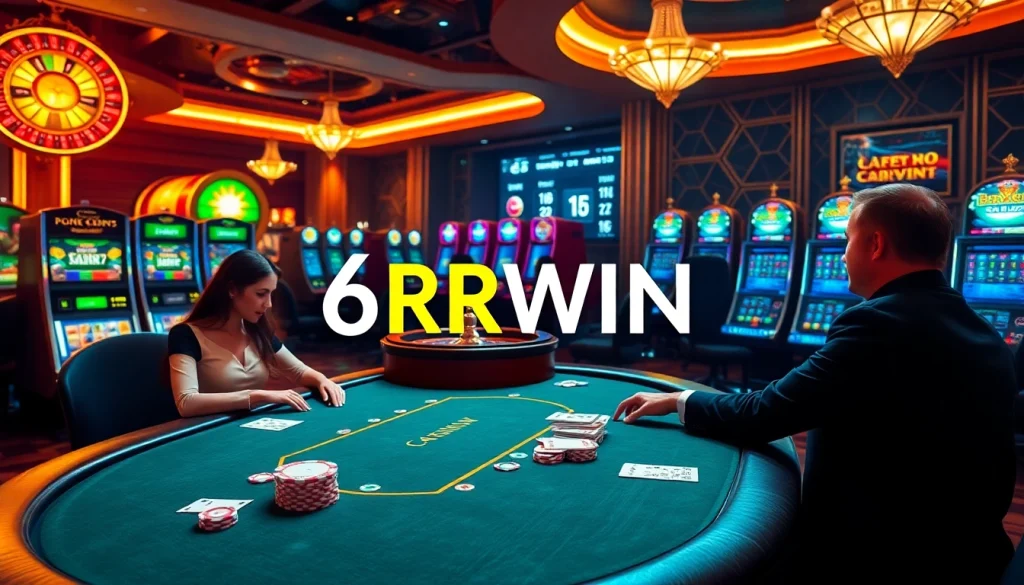 Experience the thrill of 6RWIN at a luxurious casino table filled with vibrant gaming elements.