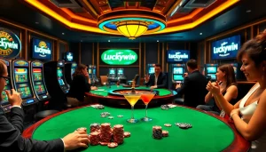 Luckywin casino players enjoying high-stakes betting action at a luxurious table.