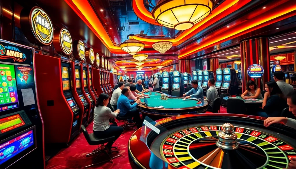 Engaging scene of players winning at MM88 casino with vibrant slot machines and poker tables.