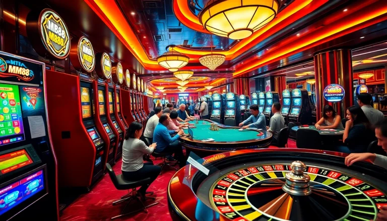 Engaging scene of players winning at MM88 casino with vibrant slot machines and poker tables.