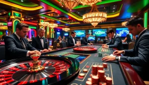 Players engaging in thrilling bets on a GG88-themed casino table with colorful poker chips.