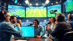Engaging sports broadcasting professionals highlight live events in an energetic studio.